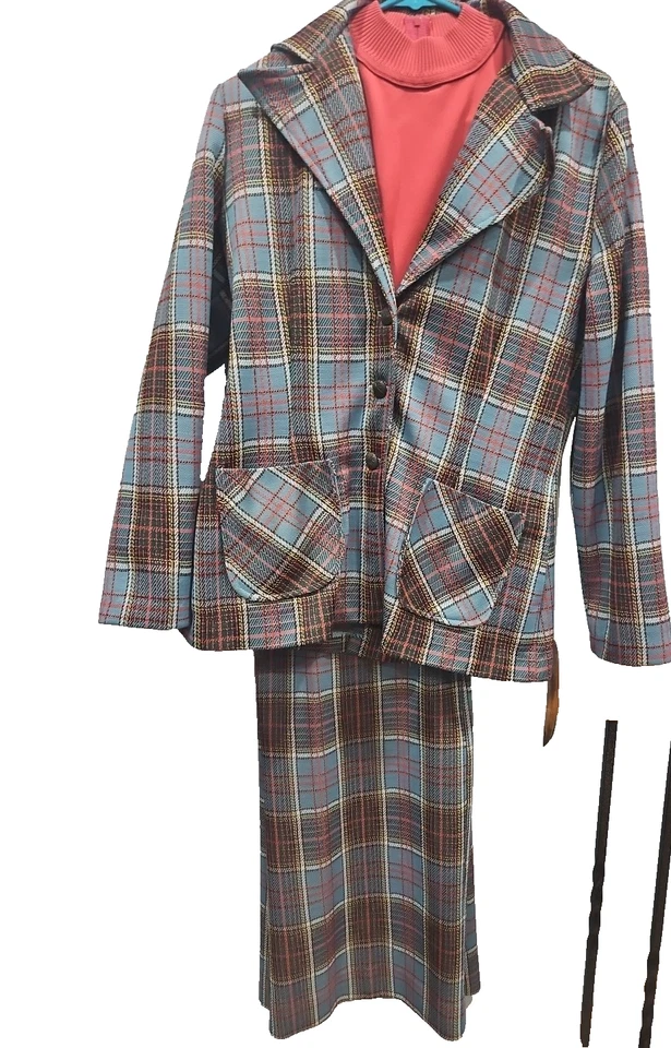 Blazer a cuadros vintage Jane Colby para mujer años 70 pantalones de pierna ancha traje de ocio 3 piezas Foto 3 de 4