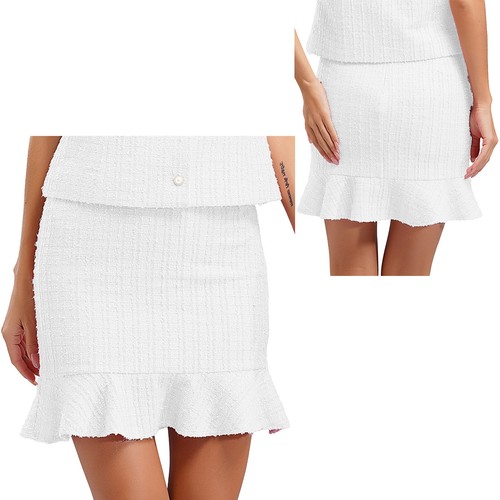 Women Tweed Ruffled Hem Pencil Skirt High Waist Bodycon Mini Costume Party - Picture 38 of 109