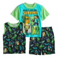 Boy's Size 8 Minecraft Survive Time 3-Piece Knit Short Pajamas Sleepwear Set NEW