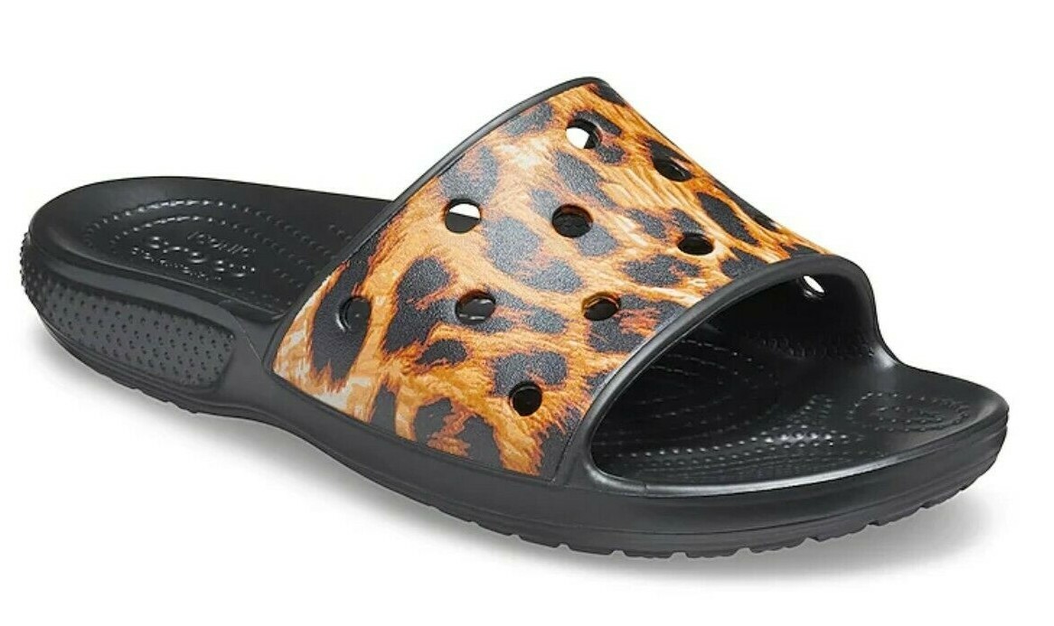 New Crocs Classic Animal Print Black Leopard Slide Sandals Women's