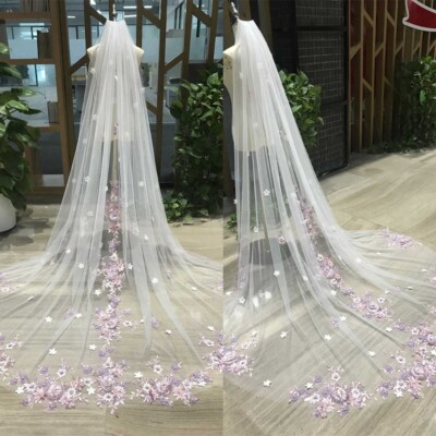 3D Purple Flowers Wedding Veil Lace Appliques Cathedral Bridal Veil with Comb