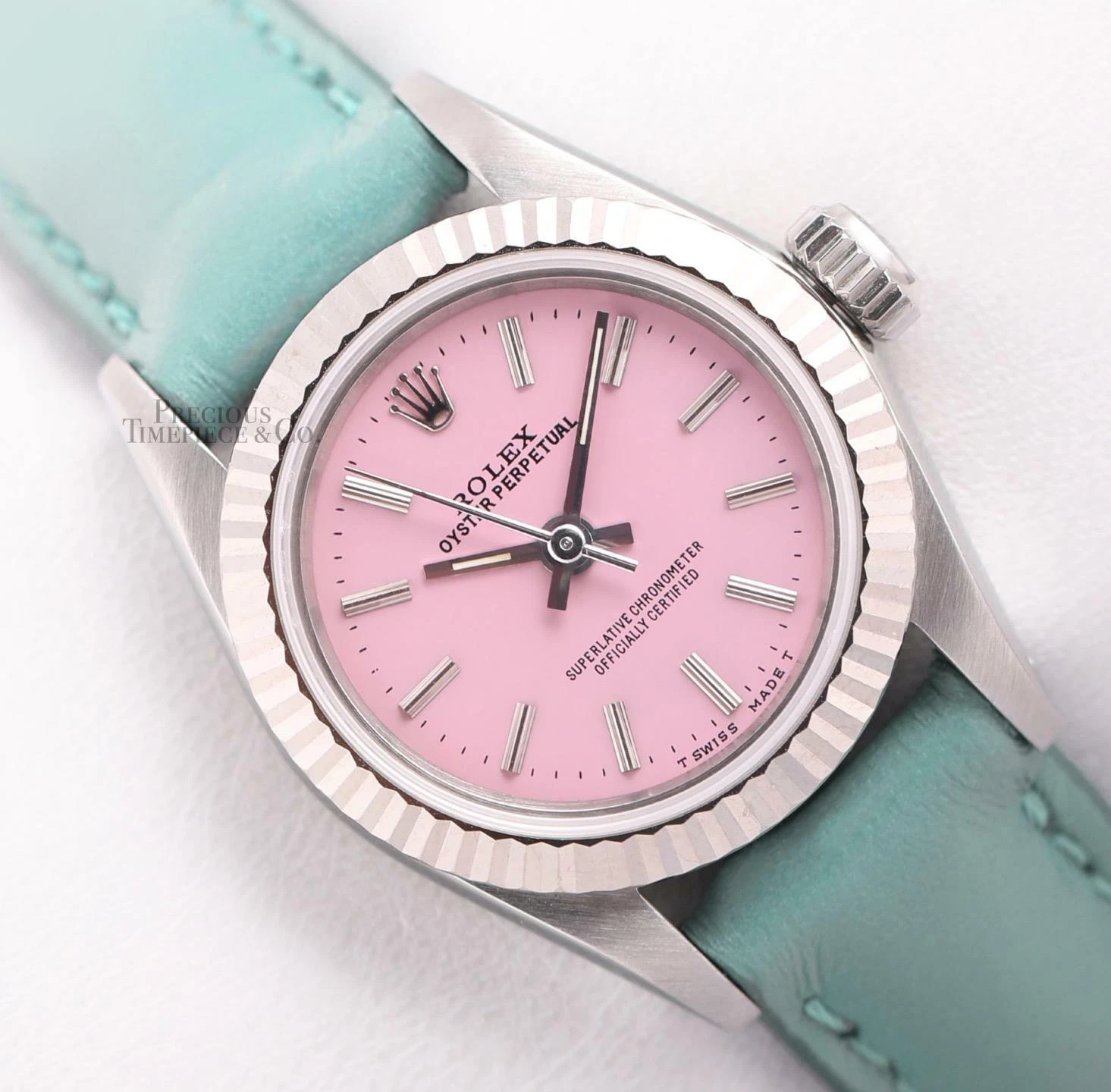 Rolex Lady 26mm Date 18k Gold Fluted Bezel-Pink Stick Dial-Ice Blue Leather Band