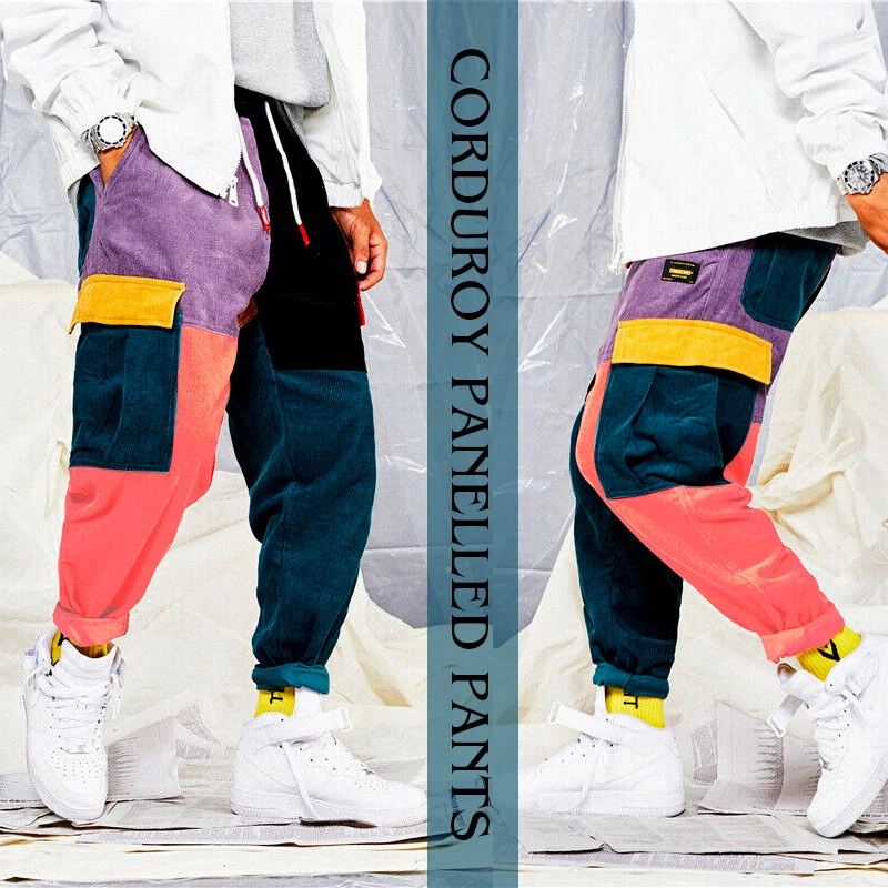 Men\'s Joggers Streetwear Color Block Patchwork Cargo Pants Corduroy  Trousers | eBay