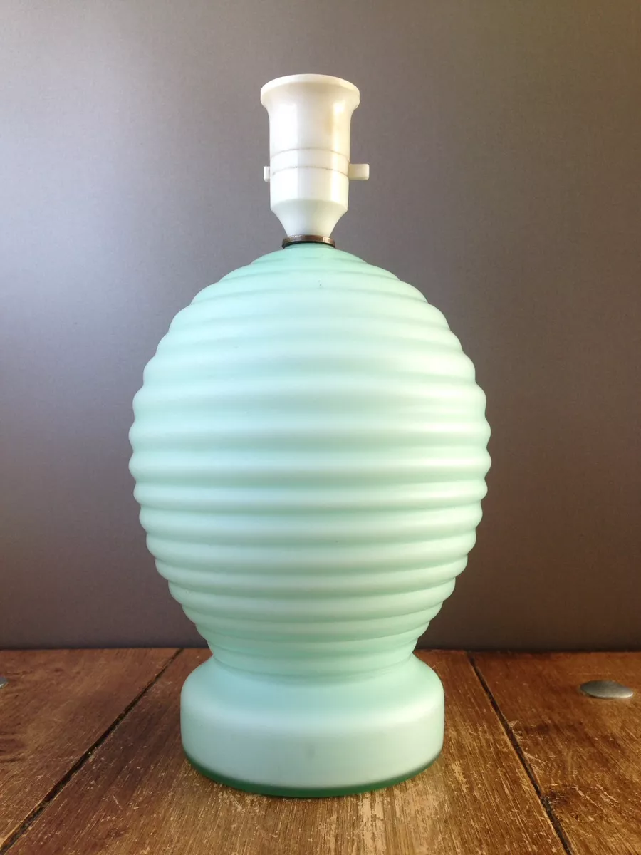 SUPERB ART DECO GREEN RIBBED EGG SATIN GLASS LAMP BASE STYLISH INTERIOR DESIGN