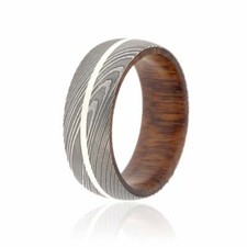 New 8mm Wide Damascus Steel Ring with Sterling Silver Inlay and Ironwood Inside