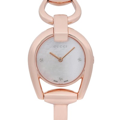 Gucci Horsebit Rose Gold Steel MOP Diamond Dial Quartz Ladies 