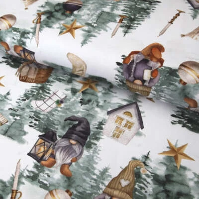 STOFFE KUDELLINO Baumwolljersey "Winter Wichtel, Gnom, Kobold, Zwerg" in weiß/grün ab 25 cm Länge