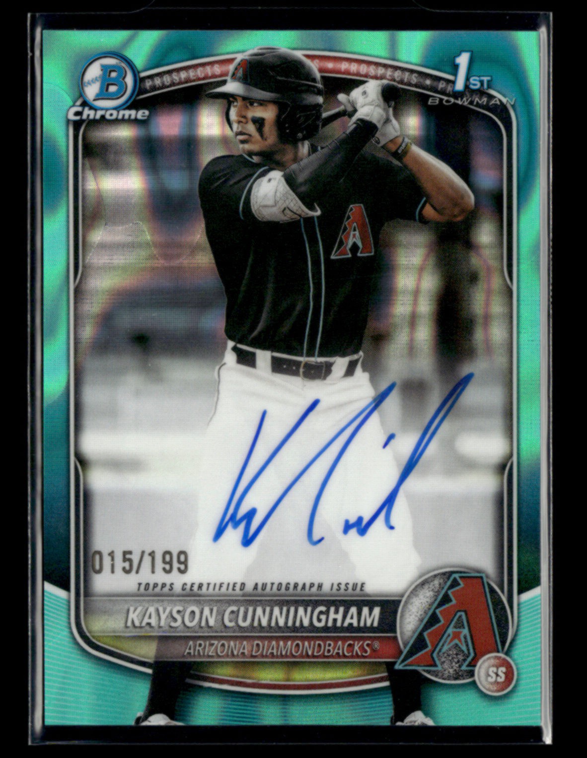 Kayson Cunningham 2025 Bowman Draft 1st Chrome Prospect Auto Aqua Lava 015/199