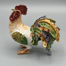 Rooster Crystal Jeweled Enameled Hinged Trinket Box - See Video