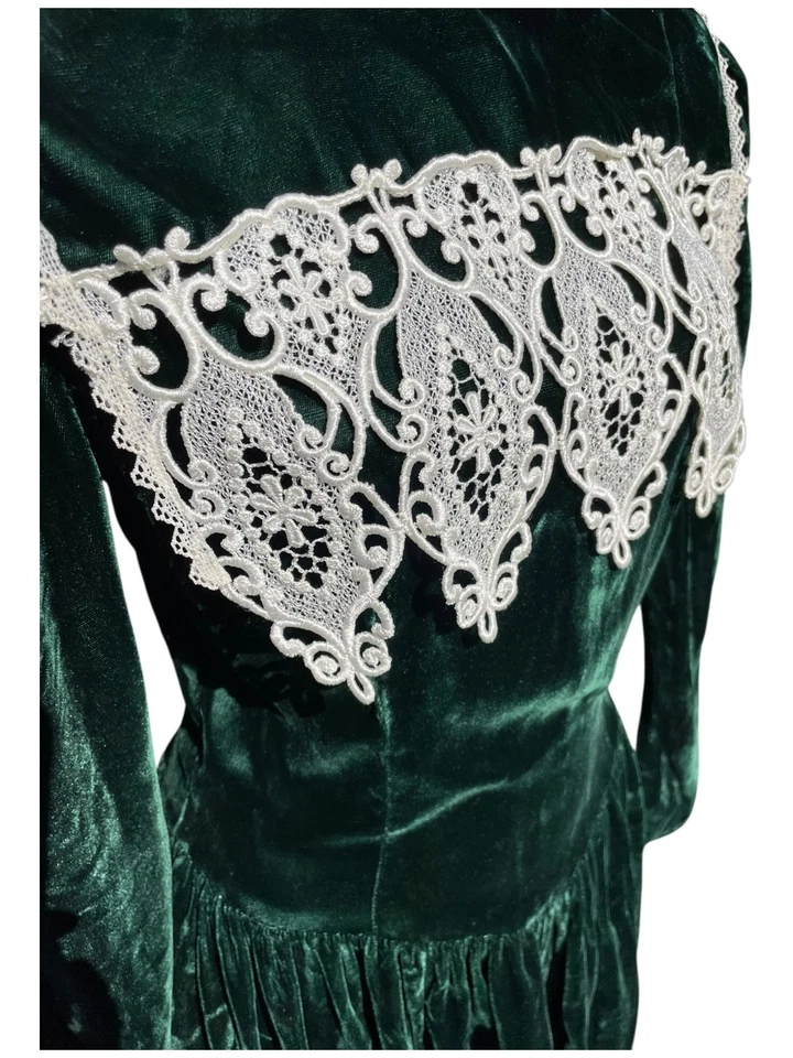 Vtg Jessica McClintock Gunne Sax Green Velvet Midi Dress Size 9 Lace Trim Collar - Image 4 of 4