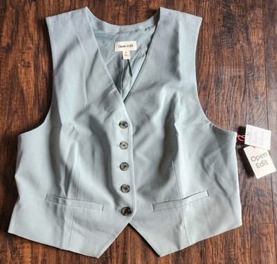 Open Edit Suit Vest Women XL Blue Button Crop Tailored Office Workwear Preppy