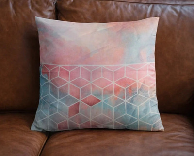 6 x Kissenbezüge mit rosa und blauem geometrischem Muster (weiße Rückseite)
