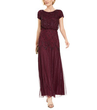 Adrianna Papell Beaded Short-Sleeve Sheer-Overlay Gown $199 Size 0 # 14B 2493 Bl