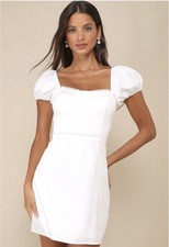 Lulus Adorable Poise size Small White Satin Pearl Trim Puff Sleeve Mini Dress