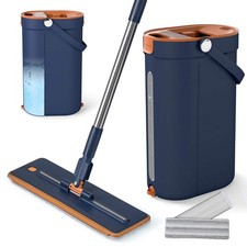 Mop and Bucket Set with Wringer 3-Tank Flat Floor Mop & Bucket System-Navy