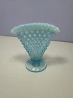Vintage Fenton Hobnail Fan Vase Blue Opalescent Glass Ruffled Edge 6" Wide