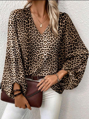 Bluse Hemd Übergröße Plus Size Langarm Leopard Tunika Animal Print XL- 4XL