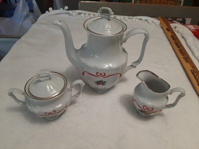 Walbrzych Poland Holly Ribbon Coffee/Tea Pot, Sugar, & Creamer Christmas China