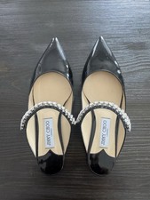 Jimmy Choo Black Patent Leather Pump Slip-On Pointed Toe Crystal Strap EU38