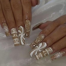 Christmas Press on Nails Long Square Fake Nails with Cute snowflake designs14