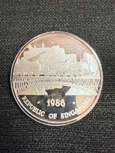 1986 Singapore 5 OZ .999 Silver Proof Railroad/Dragon Low Mintage *Very Scarce*