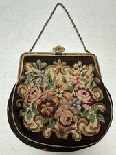 Vtg Brown Floral Petit Needlepoint Tapestry Clutch Purse Gold Chain Austria