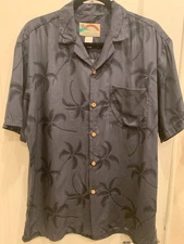 Vintage Paradise Found Men's Dark Grey Palm Tree Hawaiian Shirt Button Up Sz M