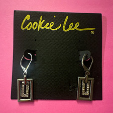 Cookie Lee Silver Tone Rectangle Dangle Earrings Clear Crystal Leverback