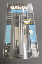 Original Vintage 1989 Gillette Sensor Razor & 3 Cartridges Metal Handle & Holder