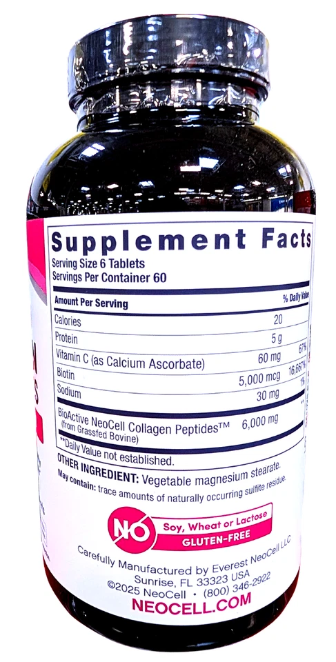 NeoCell травянистые пептиды коллагена + витамин С и биотин таблетки 360 карат срок годности 05/28 - Изображение 2 из 3
