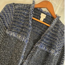 Chicos Blue Fringe Open Front Cardigan Jacket Blazer Size 12 Career