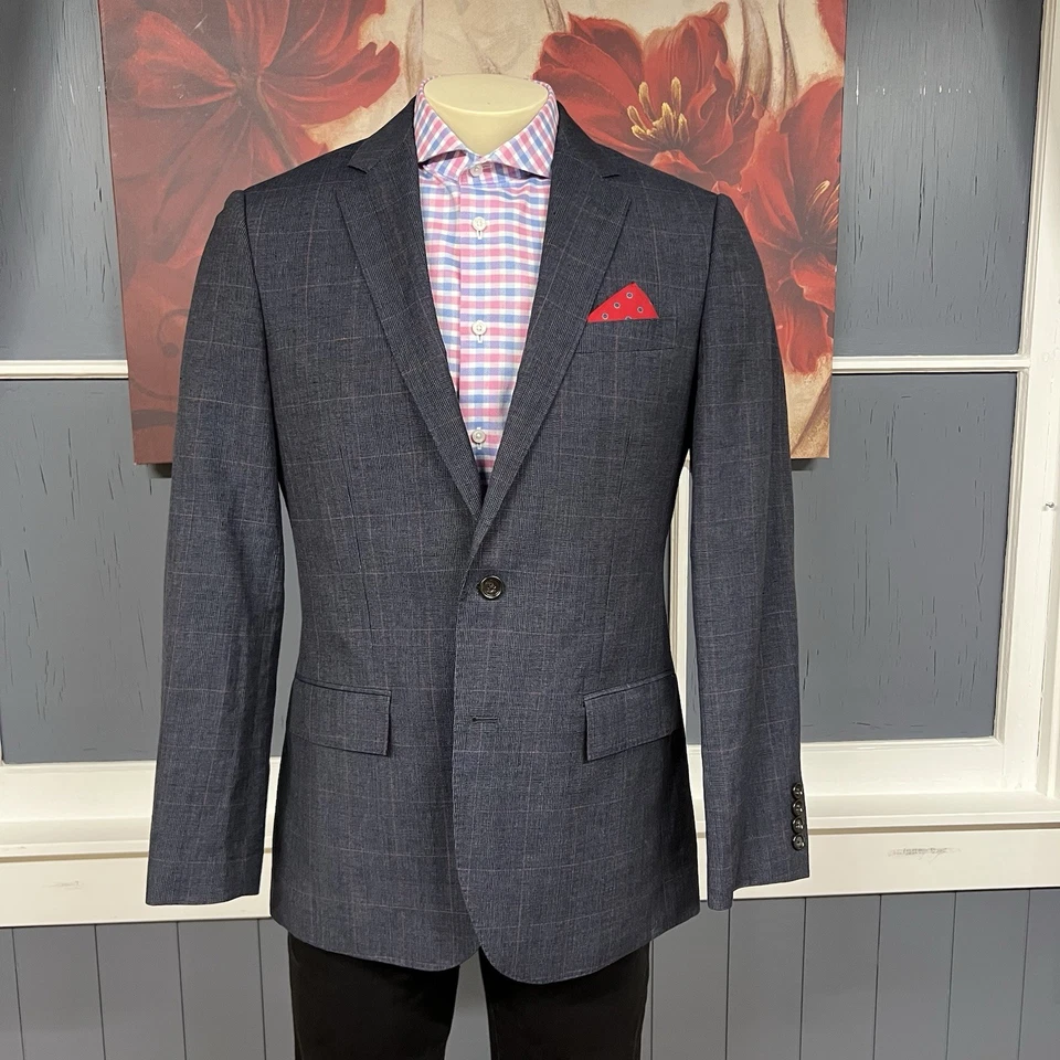 J. Crew Suit Mens 40R Slim Fit Wool Linen Pants 34x34 Tapered Leg Navy/Red Plaid - Image 2 of 4