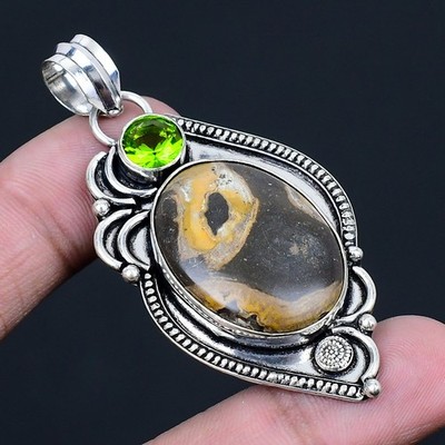 Asteroid Jasper, Peridot Gemstone 925 Sterling Silver Jewelry Pendant 2.40''