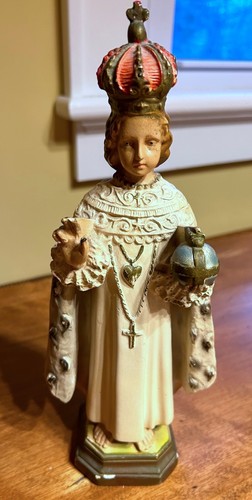 Antique Catholic Infant of Prague Chalk ware Jesus Child Statue 10.75" religious