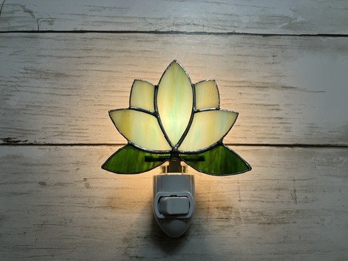 Lotus Night Light, Blue Yellow Stained Glass Flower, Wall Plug In, House Decor - Picture 4 of 11