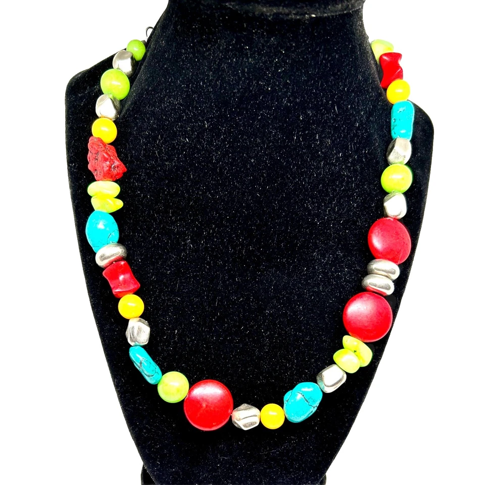 Collar Multicolor Vintage Estilo Suroeste Colores Turca, Cuentas Rojas Foto 2 de 4
