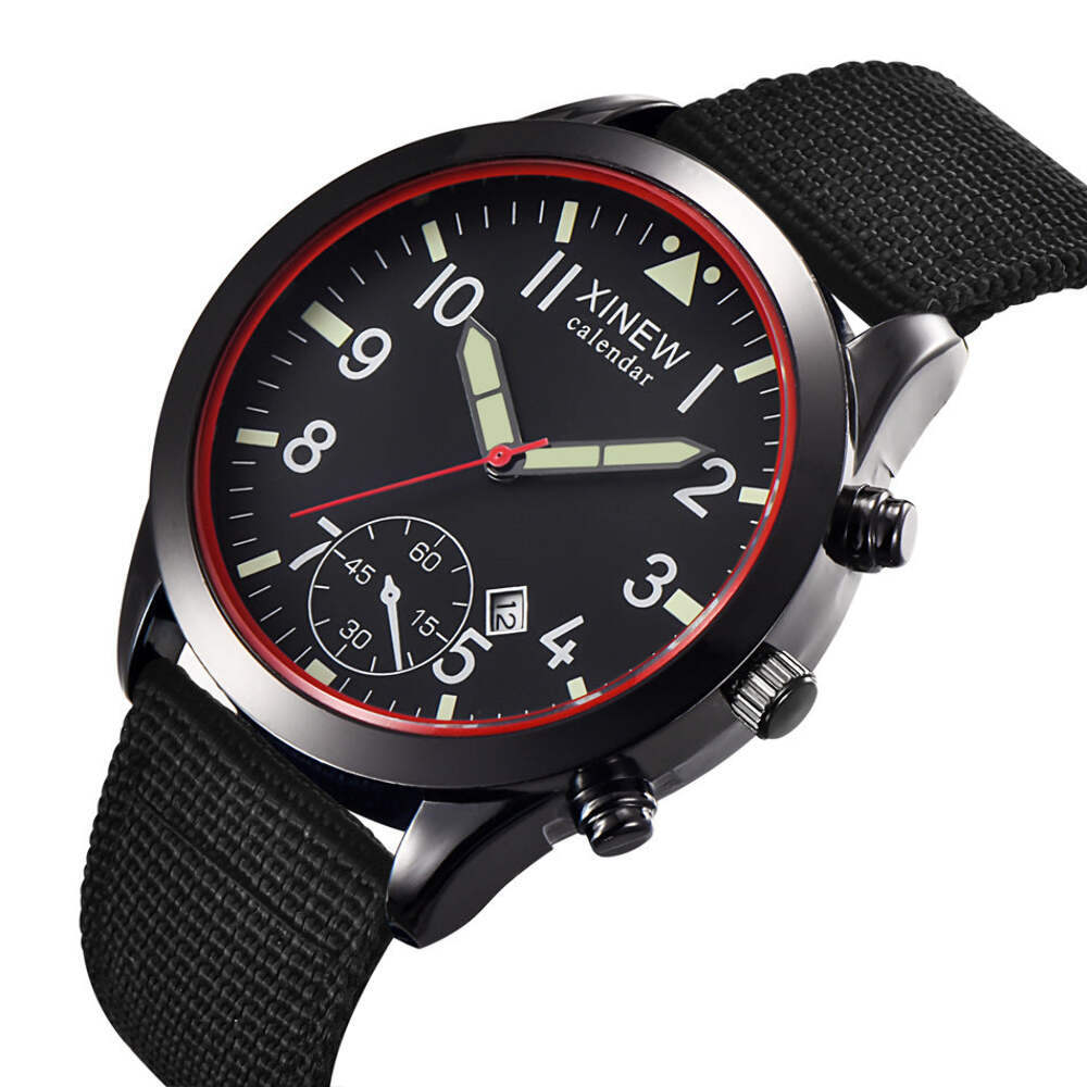 Nylon Quartz Watch with 24-Hour Indication, Calendar, Round Dial, Textile Strap