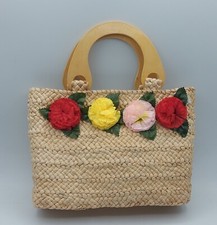 Borsa anni 80 modello a mano in paglia con fiori e manici in legno nuova