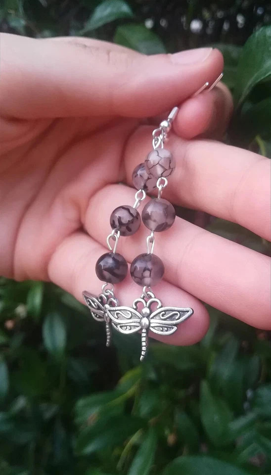 ORECCHINI LIBELLULA IN AGATA NATURALE DRAGON VEINS E ARGENTO ORECCHINI DRAGONFLY - Immagine 4 di 4