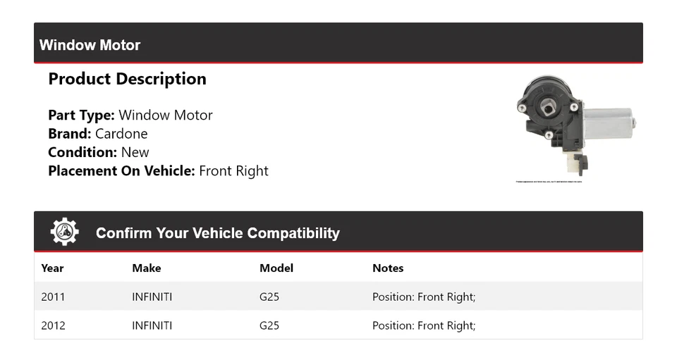 Motor de ventana delantero derecho Cardone Infiniti G25 2011-2012 Foto 2 de 4