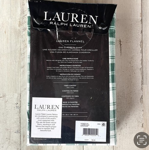 Ralph Lauren Ulster Plaid Flannel Euro Sham Green White Cotton European NWT $135 - Picture 3 of 7