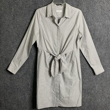 Calvin Klein Shirt Dress Light Weight Cotton Sheath W/ Attached Sash Gray Stripe
