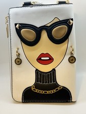 Cross Body purse Adjustable Statement Lady White Gold Artist Zip Round