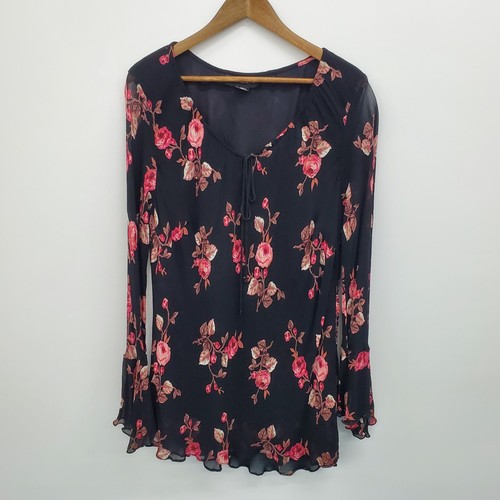 Temptation II Womens Black Pink Floral Bell Sleeve Boho Tunic Top Plus Size 1X - Picture 3 of 14