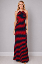Ralph Lauren Stripe Halter Dress Navy Red Gold Chain Preppy Cocktail Maxi Size 6