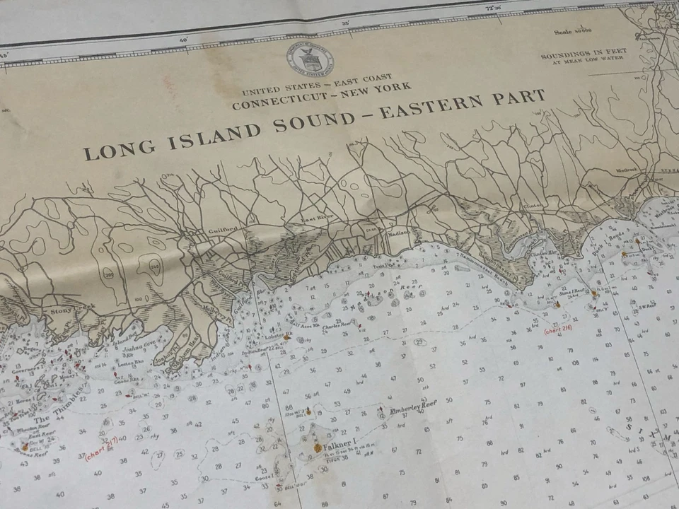 Mapa náutico antiguo de colección 1931 USC&GC Long Island Sound parte oriental Foto 2 de 4
