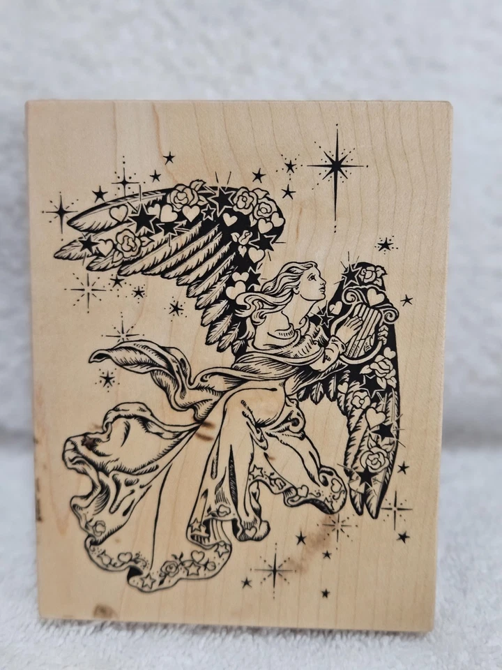 PSX K1332 1999 ángel dorado montado en madera sello de goma ángel vacaciones religioso Foto 4 de 4