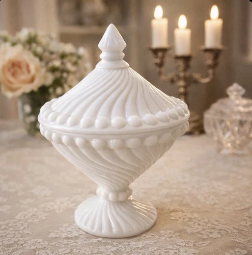 Vintage White Milk Glass Swirl and Ball Pedestal Candy Dish with Lid 7” Tall