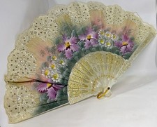 Vintage Hand Painted Floral Lace Sequin Celluloid Hand Fan