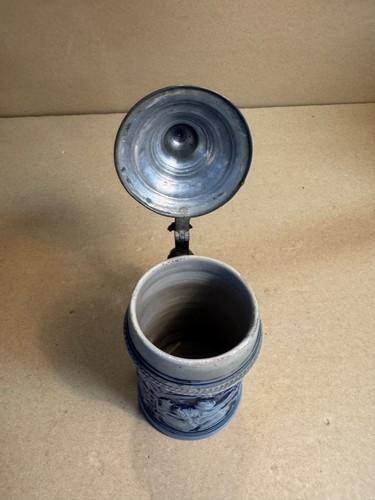 Vintage Cobalt Blue & Gray Salt Glazed Germany Beer Stein w/ Pewter Lid Tavern - Picture 4 of 11